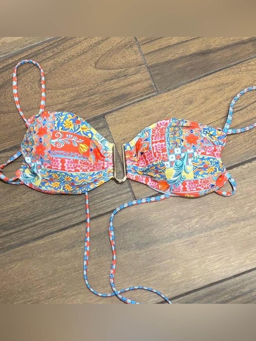 SHEIN Multicolor Floral Patchwork Bikini Top - Orange, Blue, Yellow